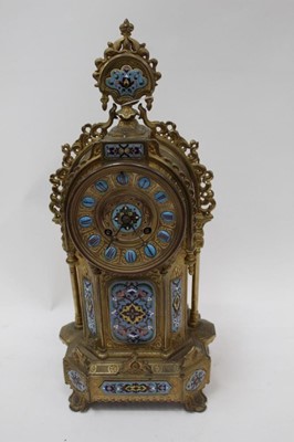 Lot 2367 - Continental gilt and champleve enamel mantel clock and garniture (3)