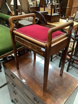 Lot 894 - Edwardian piano stool, another low stool with velvet top, antique commode, walnut occasional table and an oak occasional table (5)