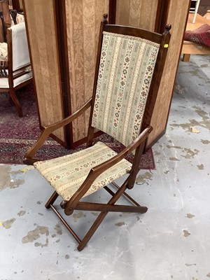 Lot 911 - Edwardian folding steamer chair, a bridge table, Victorian mahogany toilet mirror and a Victorian balloon back chair