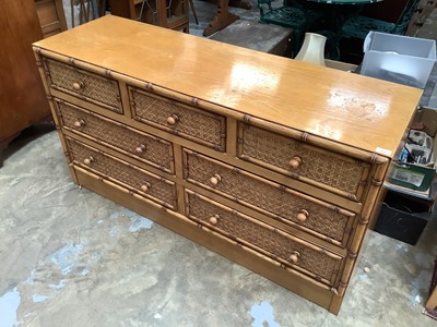 Lot 922 - Contemporary ash chest with an arrangement of seven drawers, the fronts inset with wicker panels surrounded by faux bamboo mouldings