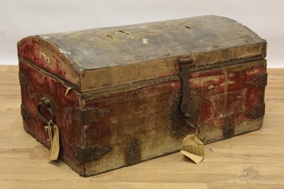 Lot 1468 - Good 17th century velvet upholstered dome top trunk with iron strap work mounts  
Provenance: Removed from Argyll House, Kings Road, London
