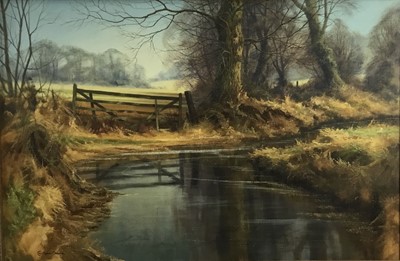 Lot 55 - Christopher Osborne, oil on canvas - Winding Brook, signed, in gilt frame