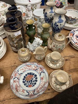 Lot 16 - Pair of Japanese cylindrical vases decorated with figures, two there airs of oriental vases, blanc de chine figures and other chinese and Japanese pieces