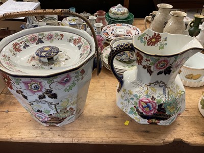 Lot 18 - Large Masons wash jug and matching pail with wicker handle