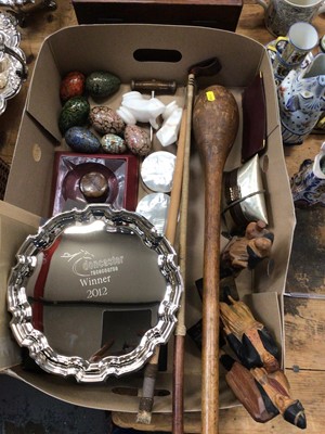 Lot 20 - Edwardian inlaid mahogany oval tray, painted Mallorcan figures and sundry items