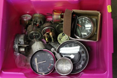 Lot 2020 - One box of Classic car gauges, clocks and instruments, possibly for a Triumph Dolomite or Herald