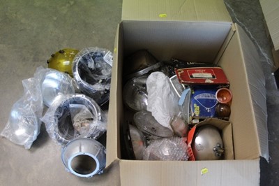 Lot 2024 - One box of Classic car light units, headlights and other lights possibly for a Triumph Dolomite or Herald