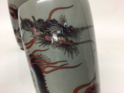 Lot 866 - Very fine quality pair of  Japanese cloisonné vases with dragons on grey ground - signed