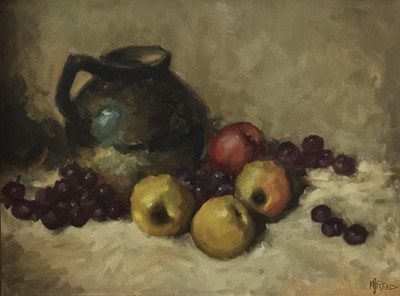 Lot 59 - M. J. Reed, Canadian School, 20th century, oil on board - still life of fruit and a jug, signed, framed