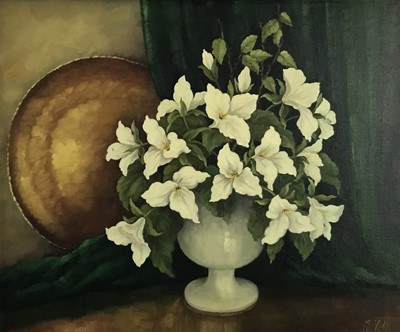 Lot 58 - Magdalene Vahl, Canadian School, 20th century,  oil on canvas - still life entitled "Trillium", signed, in gilt frame