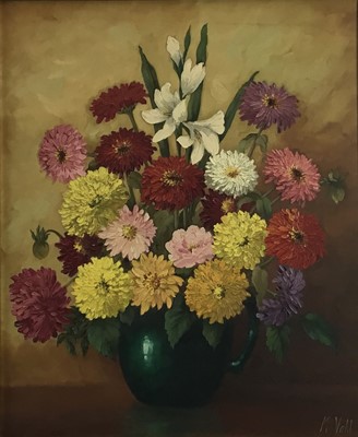 Lot 60 - Magdalene Vahl, Canadian School, 20th century, oil on canvas - still life entitled Zinnias and Marigolds, signed, in gilt frame