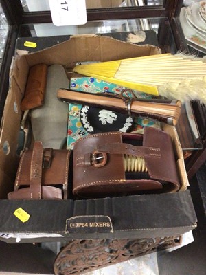 Lot 218 - Two pairs of Gentleman's brushes in brown leather cases together with three hand fans and sundries