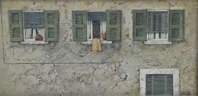 Lot 79 - Derrick Jennings oil on board - Shutters, signed, framed