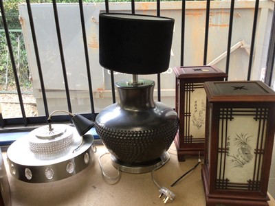 Lot 176 - Pair of Chinese lamps, a large pottery lamp, and a ceiling light with prismatic drops