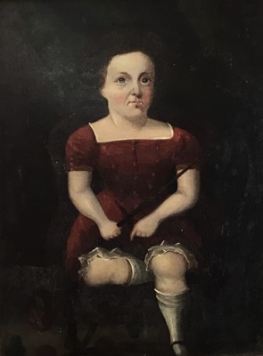 Lot 53 - Early 19th century, English School oil on canvas - portrait of a little boy seated with a whip, in pine frame