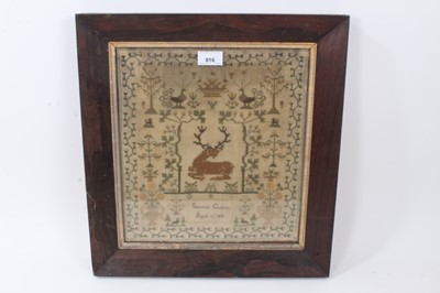 Lot 816 - Early Victorian sampler by Susannah Canham Aged 13 1838, depicting a stag and flora, another dated 1840 and a third, each framed