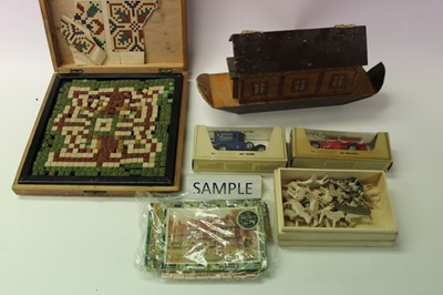 Lot 1898 - Wooden Noah's Ark model and animals, Karola embroidery game, doll, card games and matchbox models of yesteryear models