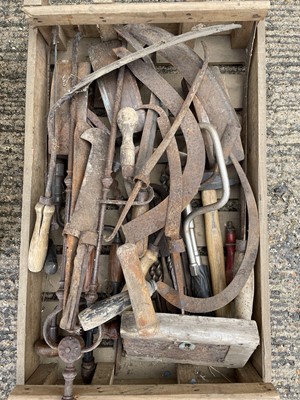 Lot 53 - Four wooden crates containing vintage tools or various forms, cast iron boot scrapper, shooting sticks, socket sets and two further wooden crates