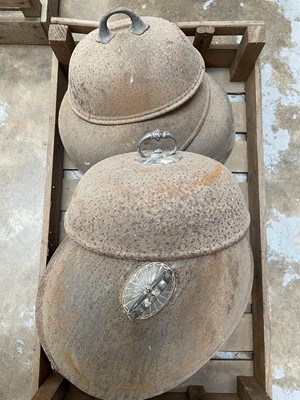 Lot 54 - Three wooden crates containing a collection of meat domes, copper kettle, tools, horseshoes and sundry items