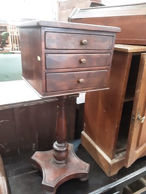 Lot 966 - Nineteenth century mahogany workbox with three drawers on turned column and quatrefoil base, 33cm wide, 33cm deep, 80cm high
