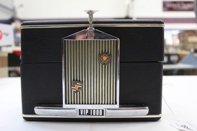 Lot 2044 - Unusual 1960s novelty decanter set, modelled as the front end of a Rolls Royce with the registration no. VIP1000, hinged lid opening to reveal velvet lined interior