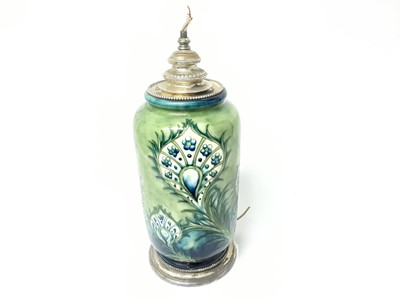 Lot 1100 - 1930s Moorcroft vase converted to a lamp, decorated with foliate patterns in tones of blue and green