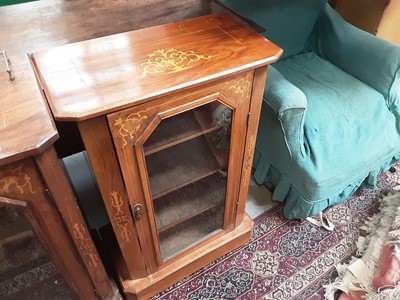 Lot 996 - Two similar inlaid walnut music cabinets & bamboo table