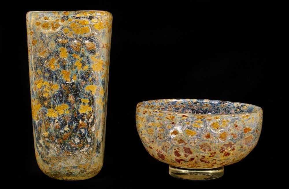 Lot 127 - Unusual large Aventurine art glass/studio glass vase with gold foil design, together with a matching bowl