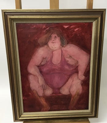 Lot 239 - Kay Gallwey (born 1936) - oil on board - 'the wrestler', signed with initials. 40cm x 30cm