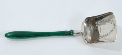 Lot 474 - George III silver caddy spoon in the form of a shovel with green stained ivory handle
