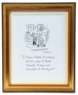Lot 1141 - Matt (Matt Pritchett (b.1964) pen, ink and watercolour - ‘I know Father Christmas exists, but I think Donald Trump was invented to terrify us’, signed and titled, in glazed gilt frame, 12.5cm x 10....
