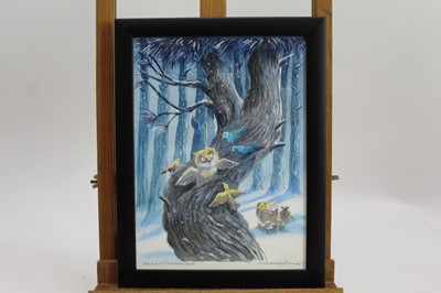 Lot 1143 - Michael Foreman (b.1938) pencil, watercolour and crayon illustration – Owl and his Christmas Guests, from ‘The Decorated Forest’, signed and titled, in glazed frame, 28cm x 21cm 
Provenance: Chris...