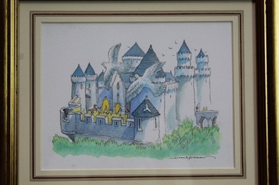 Lot 1145 - Michael Foreman (b.1938) pen, ink, pencil and watercolour illustration – ‘The Castle came alive again around them’, signed, in glazed gilt frame, 17cm x 22cm
