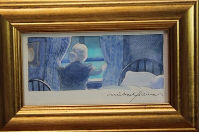 Lot 1885 - Michael Foreman (b.1938) pencil and watercolour - ‘The old woman looked of the little window by her bed...’, signed, in glazed gilt frame, 7.5cm x 15cm