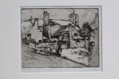 Lot 1155 - James Hamilton Hay (1874-1916) signed etching - Old Houses and Church at Neston, together with another unsigned - Cottages Beneath the Trees, in glazed gilt frames