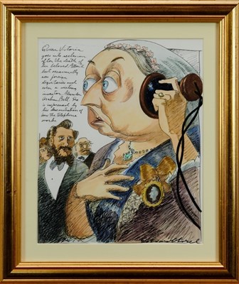 Lot 1823 - Edward Sorel (b.1929) pen, ink and watercolour - ‘Queen Victoria goes into seclusion after the death of her beloved Albert...’, signed and inscribed, in glazed gilt frame, 32cm x 26cm 
Provenance:...