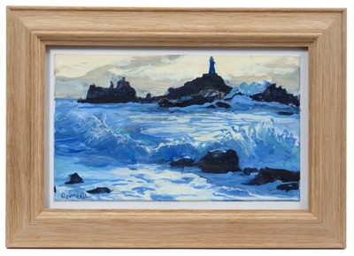 Lot 1738 - Nicholas Romeril (b.1967) acrylic and coloured pencil on card - Corbiere, Dark Evening, signed, in glazed frame, 12.5cm x 20.5cm 
Provenance: Chris Beetles Ltd. London