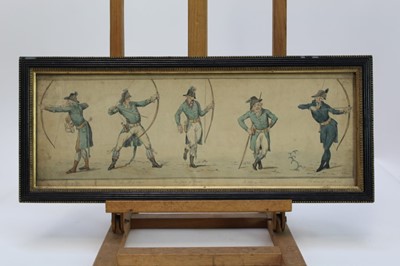 Lot 1822 - 19th century English School, pen and ink drawing - The Graces of Archery, inscribed, in glazed frame, 18.5cm x 52.5cm