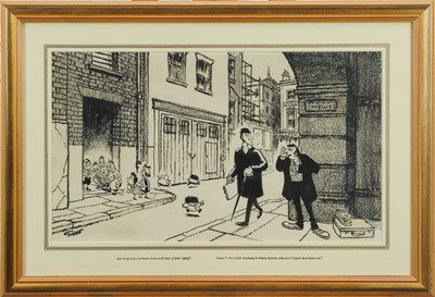 Lot 1811 - *Giles, Carl Ronald Giles O.B.E. (1916-1995) pen and ink cartoon – “Psst! Feelthy Banned BMA Book On Getting Married”, signed, titled