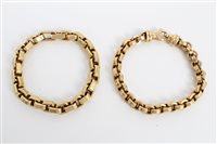 Lot 3288 - Gold (18ct) belcher chain bracelet, together...