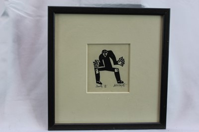 Lot 1833 - Willie Rodger signed limited edition linocut - Penalty, 10/30, in glazed frame 
Provenance: Thompson’s, Aldeburgh