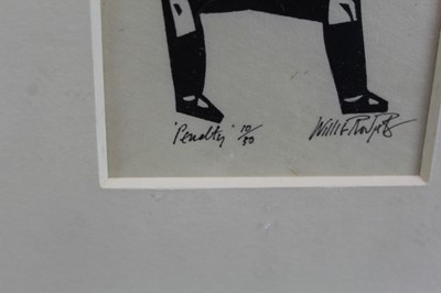Lot 1833 - Willie Rodger signed limited edition linocut - Penalty, 10/30, in glazed frame 
Provenance: Thompson’s, Aldeburgh