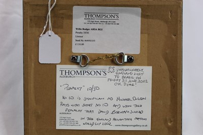 Lot 1833 - Willie Rodger signed limited edition linocut - Penalty, 10/30, in glazed frame 
Provenance: Thompson’s, Aldeburgh