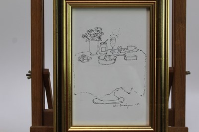Lot 1154 - John Burningham (1936-2019) pen and ink sketch - Champagne with Noel Coward, signed and dated ‘15, in glazed gilt frame