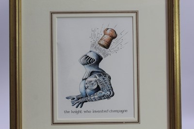 Lot 1758 - Simon Drew (b.1952) pen, ink and crayon - The Knight who invented Champagne, signed, in glazed gilt frame 
Provenance: Chris Beetles Gallery