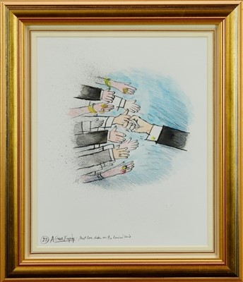 Lot 1151 - *Ronald Searle (1920-2011) pen, ink and watercolour - “Must have shaken over two hundred hands”, inscribed, in glazed gilt frame