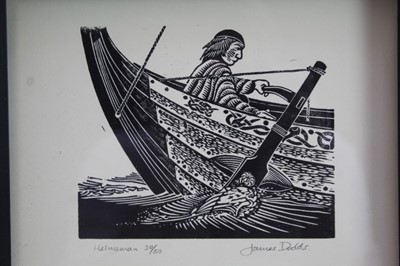 Lot 1753 - *James Dodds (b.1957) signed limited linocut - Helmsman, 30/50, in glazed frame