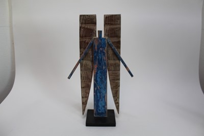Lot 1917 - *Derek Nice (b.1933) painted wooden sculpture - Blue Pine Angel, signed and dated 2015