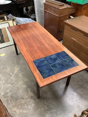 Lot 1011 - Mid 20th century long coffee table with inset tiled top to one end, 145cm wide, 60cm deep, 55cm high