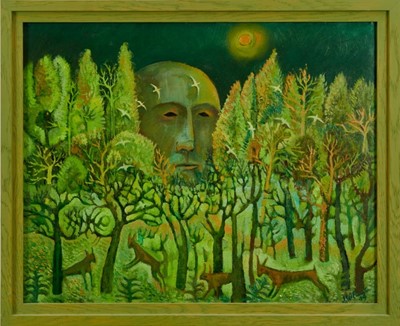 Lot 1134 - John W Farrington (b.1933) oil on board - The Giant in the Forest II, signed and dated ‘99, framed 
Provenance: Goldmark Gallery